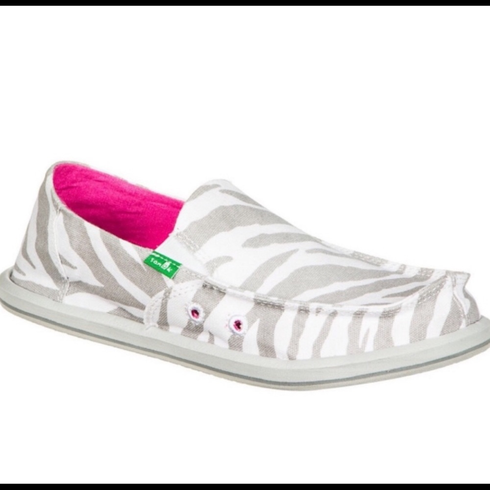 Sanuk Gray and White Zebra slip on shoes